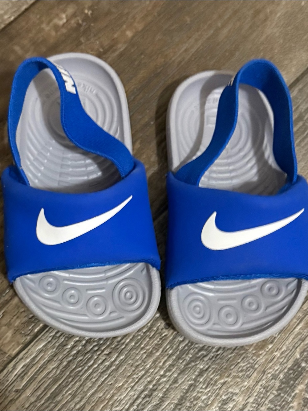 Nike Kids Blue and Gray Back-Strap Slide Sandals with White Swoosh